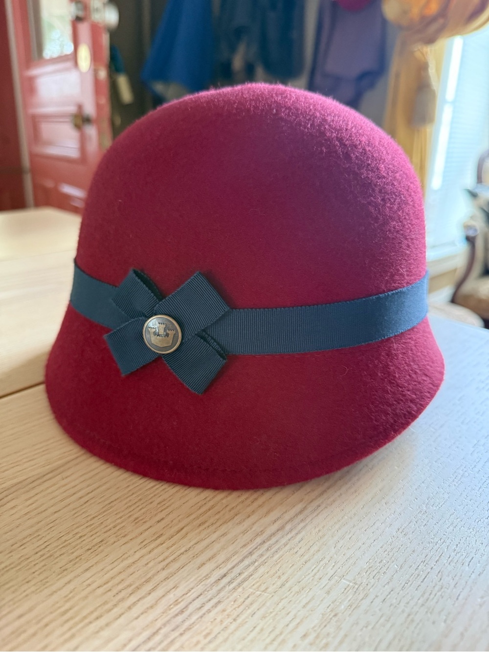 Goorin Bros Burgundy Wool Cloche Hat with Navy Ribbon Bow